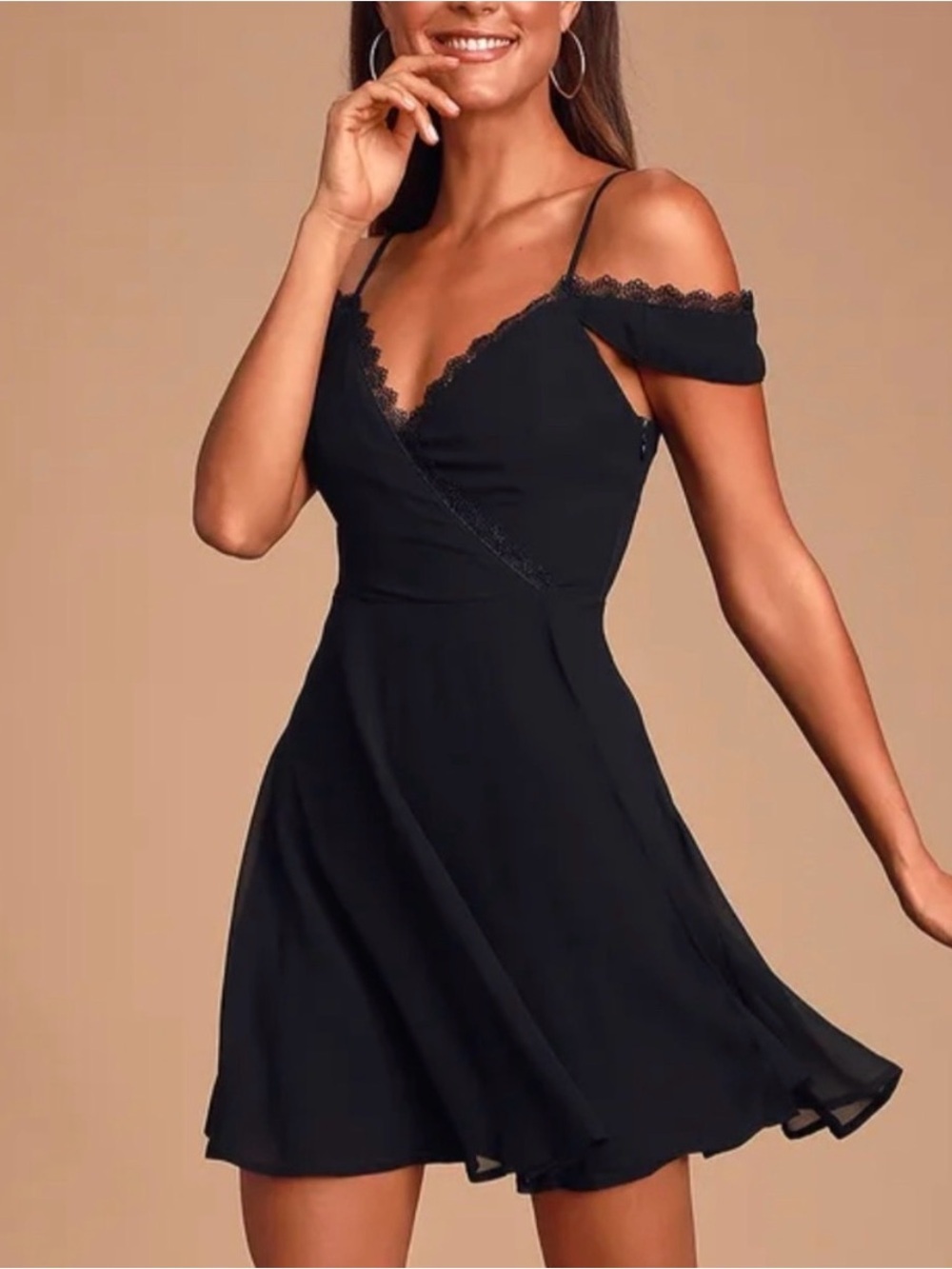 Lulus Off-Shoulder Black V-Neck Mini Dress Size S